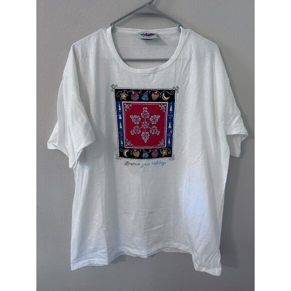 Brighton Tops - Vintage Brighton Holiday quilt snow Christmas white short sleeve t-shirt size XL